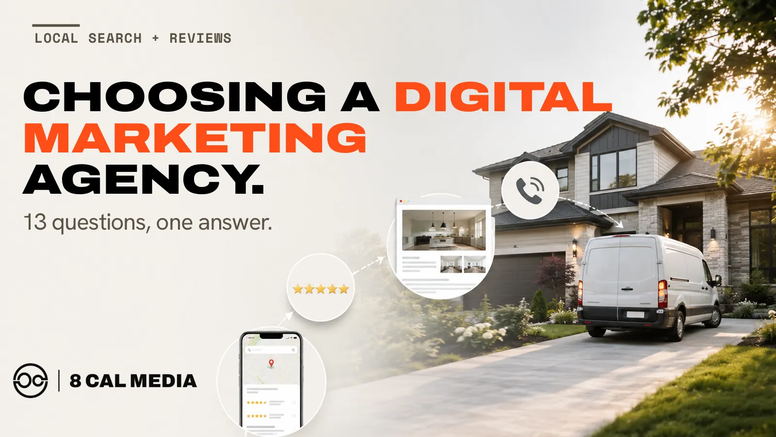 A home service business's house with Google Maps and review-star graphics overlaid, representing what a marketing agency should actually be managing.