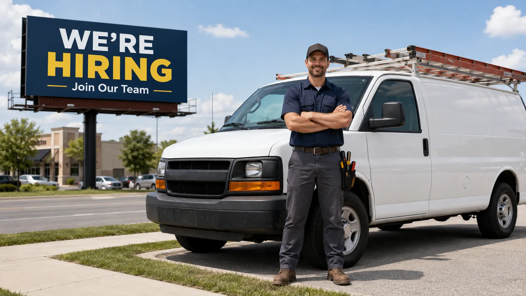 A home service technician working on equipment in the field, illustrating the skilled trades labor shortage.