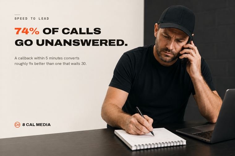 A technician on the phone writing down a lead, illustrating a missed-call moment for a home service business.